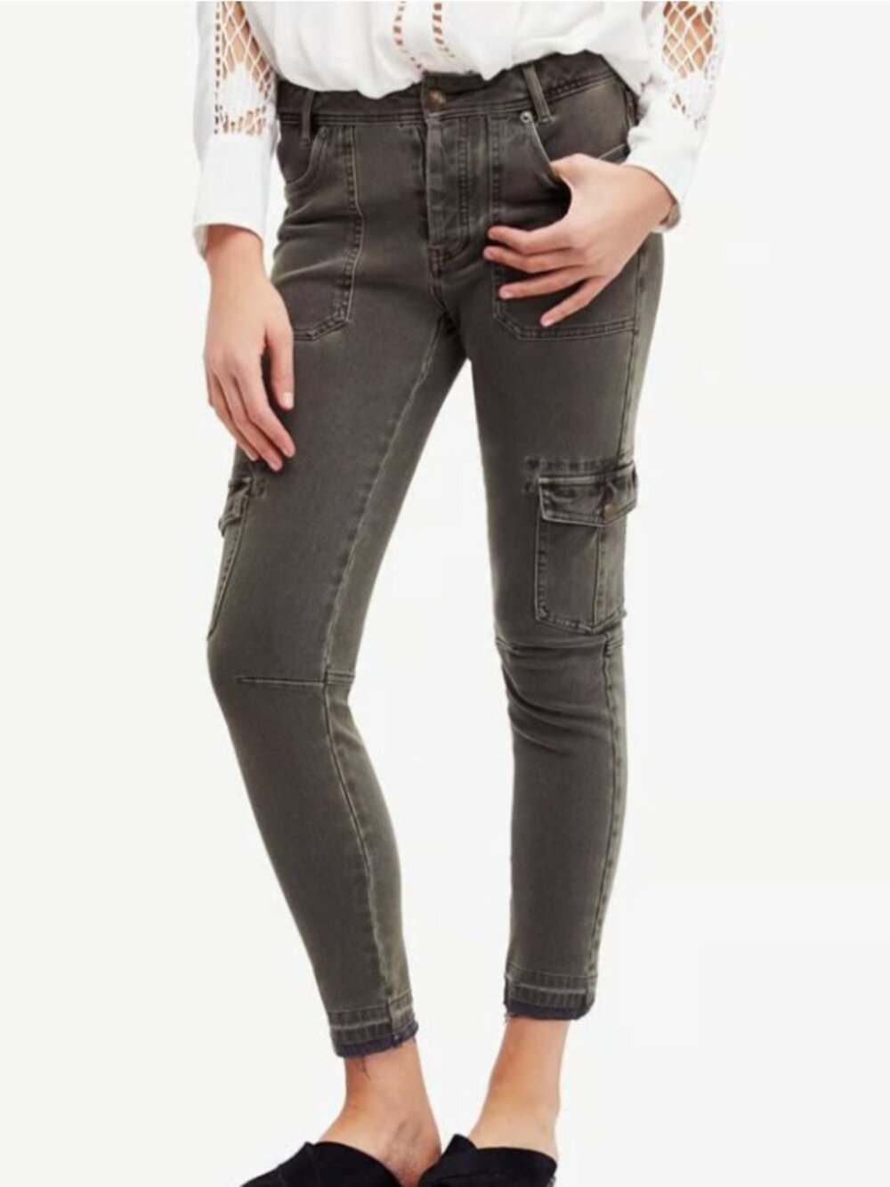 Free People Cargo Skinny Pants 27 Olive Green Utility Stretch Raw Hem